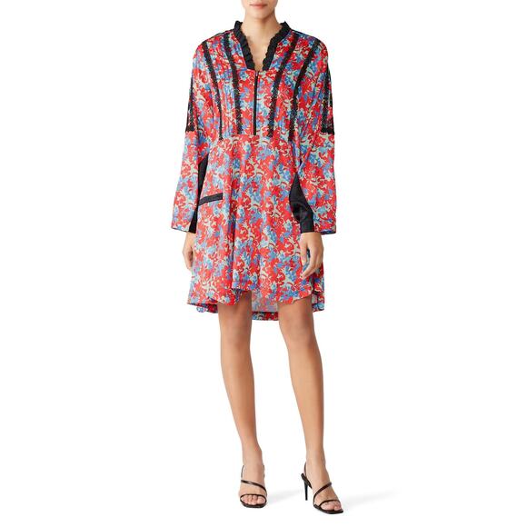 Koche Lace Trim Floral Dress Red Zip Crepe V-Neck Pockets 40 US 8 - Picture 1 of 14